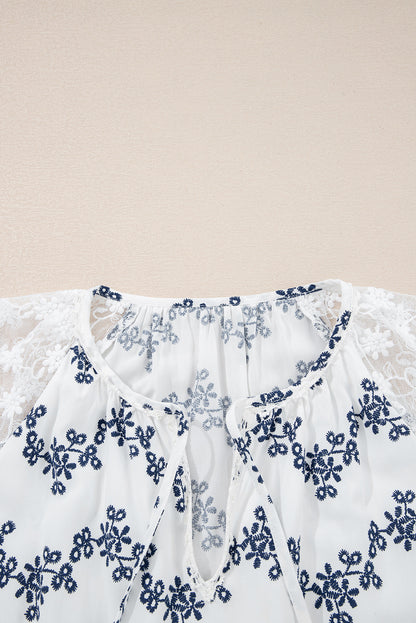 Blue Lace Patchwork Floral Bubble Sleeve V Split Neck Blouse