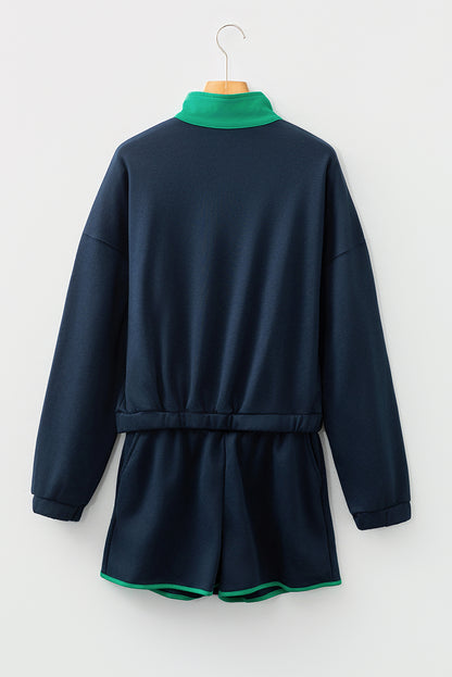 Navy Blue Color Block Patchwork Half Button Pullover and Shorts 2pcs Outfit