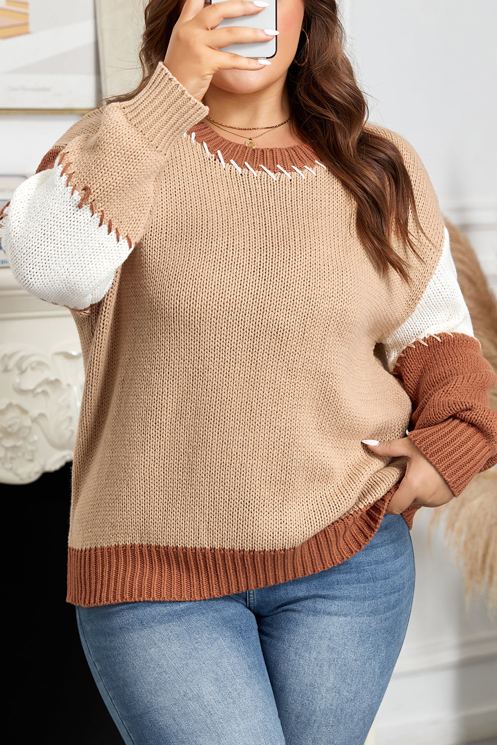 Light French Beige Contrast Stitch Detail Color Block Knitted Plus Size Sweater