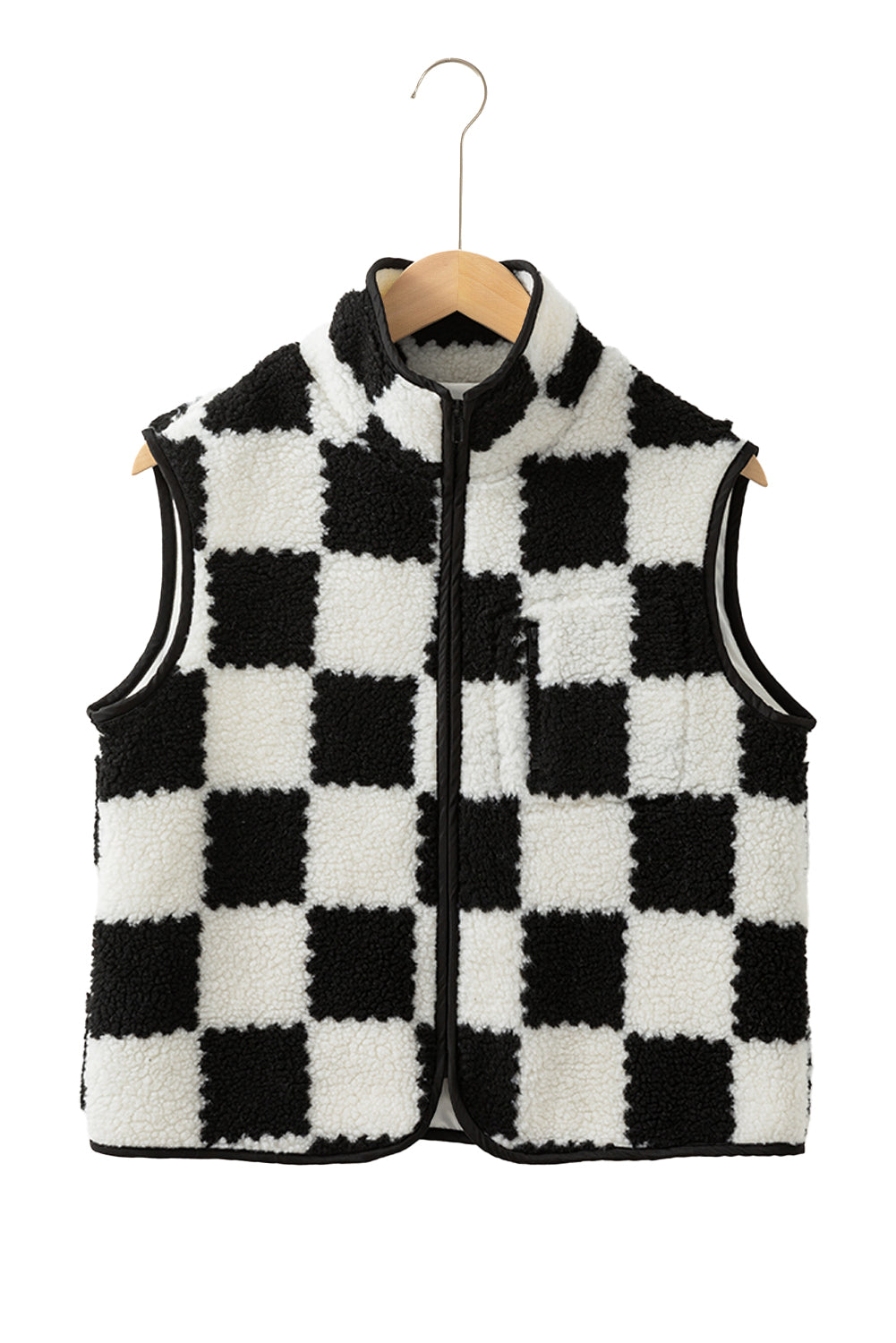 Khaki Checkered Sherpa Collared Jacket Vest