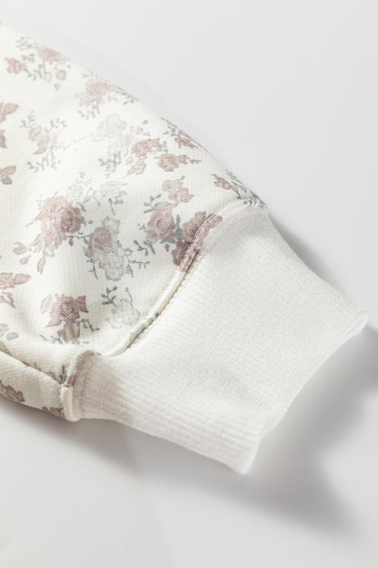 White Floral Print Casual Hoodie Drawstring Jogger Pant Set