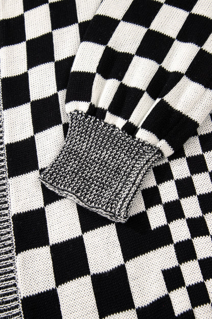 Black Plus Size Checkered Bubble Sleeve Drop Shoulder Open Cardigan