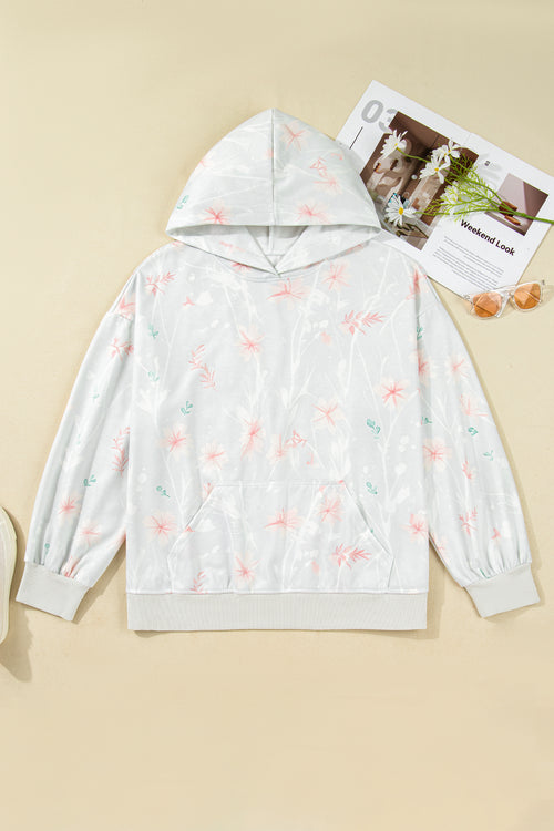 Gray Floral Print Plus Size Loose Hoodie