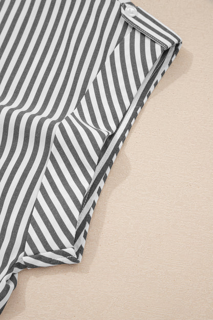 Black Stripe Plus Size V Neck Roll-tab Short Dolman Sleeve Blouse