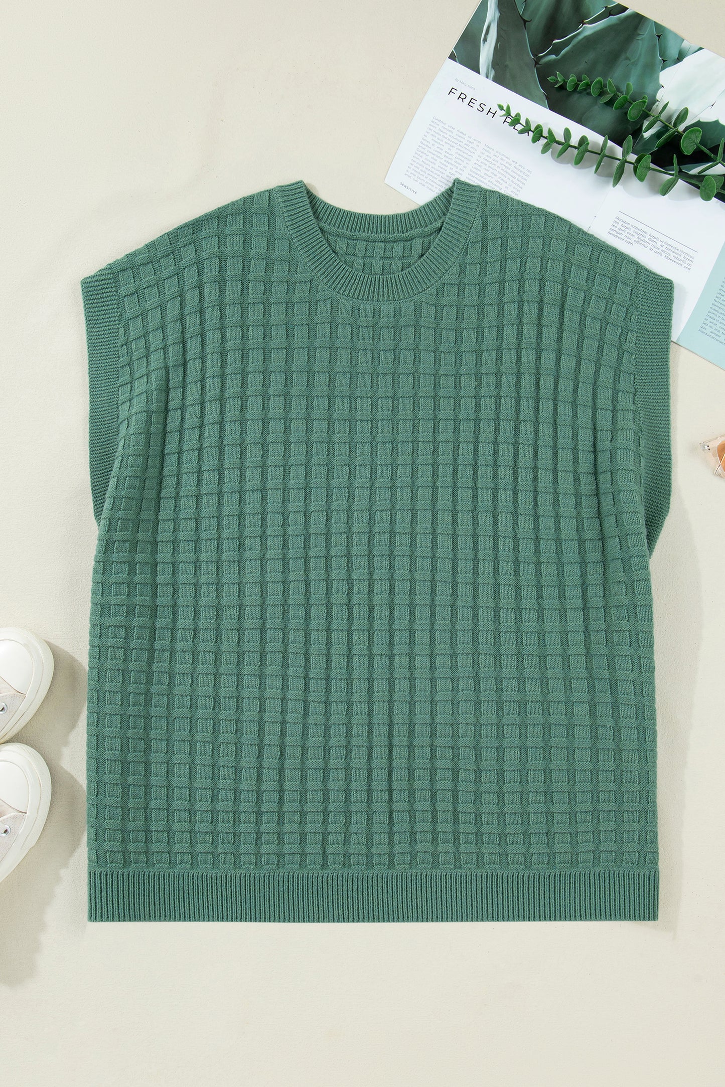 Mist Green Plus Size Solid Color Textured Knit Short Sleeve Sweater