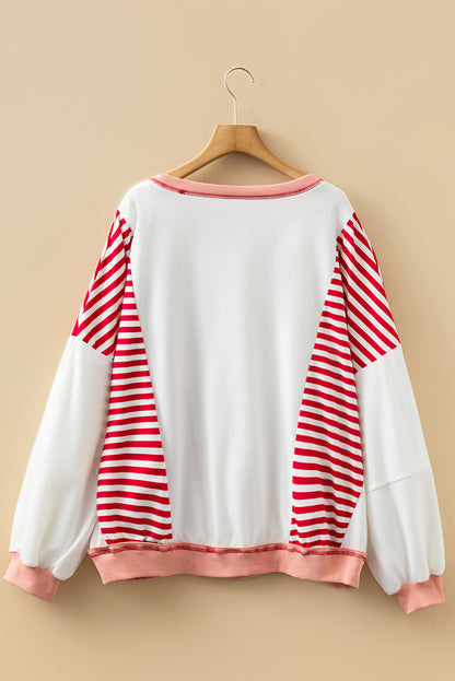 Red Stripe Color Block Patchwork Seam Detail Plus Size Sweatshirt