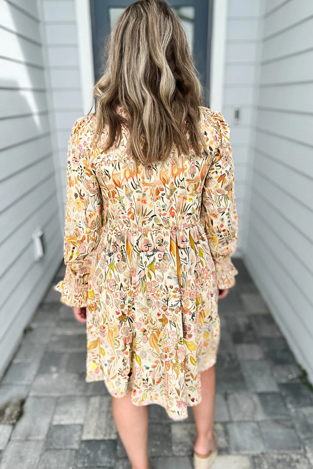 Yellow Floral Print Frilly Trim Smocked Cuff Long Sleeve Loose Shirt Dress