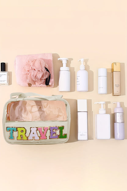 Light Pink TRAVEL Chenille Letter Clear PVC Makeup Bag