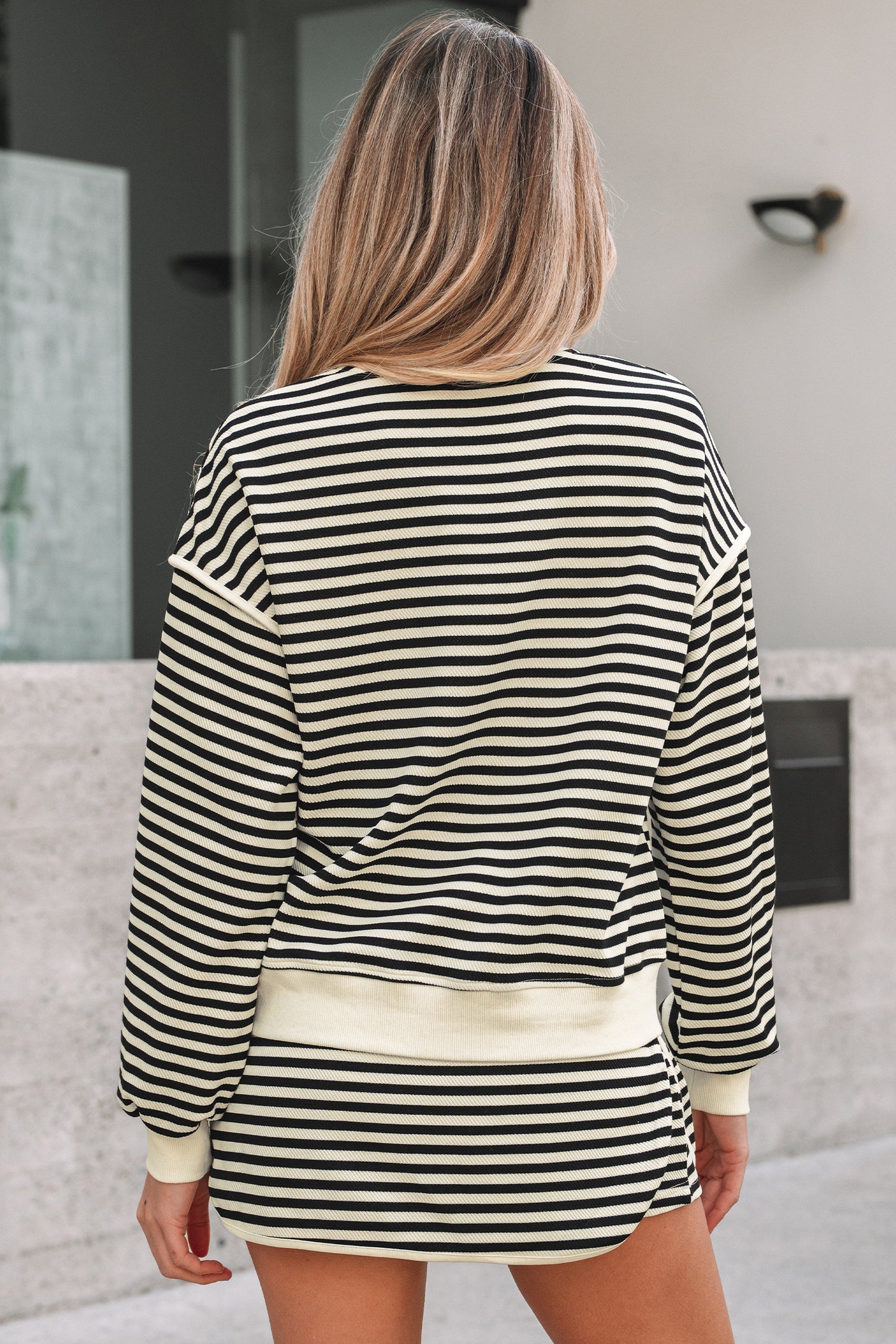 Brown Stripe Textured Drop Shoulder Pullover Top Drawstring Mini Skirt Two Piece Dress Set