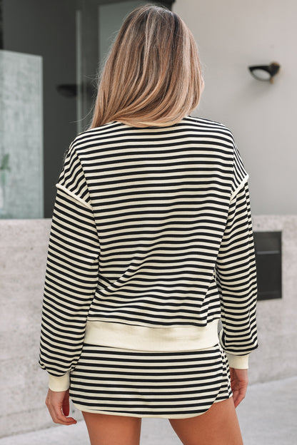 Brown Stripe Textured Drop Shoulder Pullover Top Drawstring Mini Skirt Two Piece Dress Set
