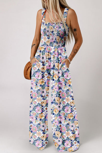 Purple Floral Print Smocked High Waist Square Neck Jumpsuit