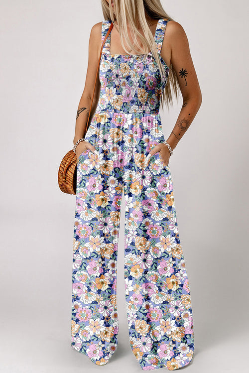 Purple Floral Print Smocked High Waist Square Neck Jumpsuit