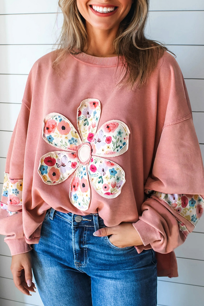 Wisteria Floral Applique Baggy Pullover Sweatshirt
