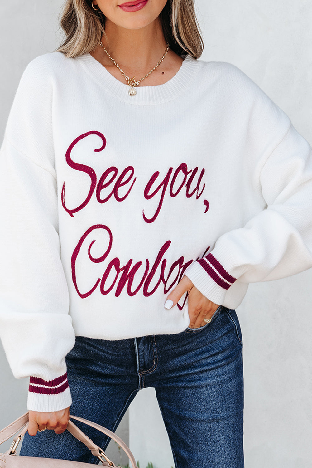 Light Grey See You Cowboy Embroidered Western Graphic Sweater