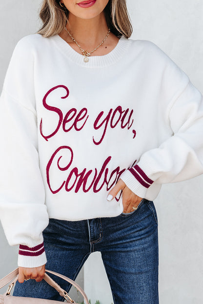 Light Grey See You Cowboy Embroidered Western Graphic Sweater