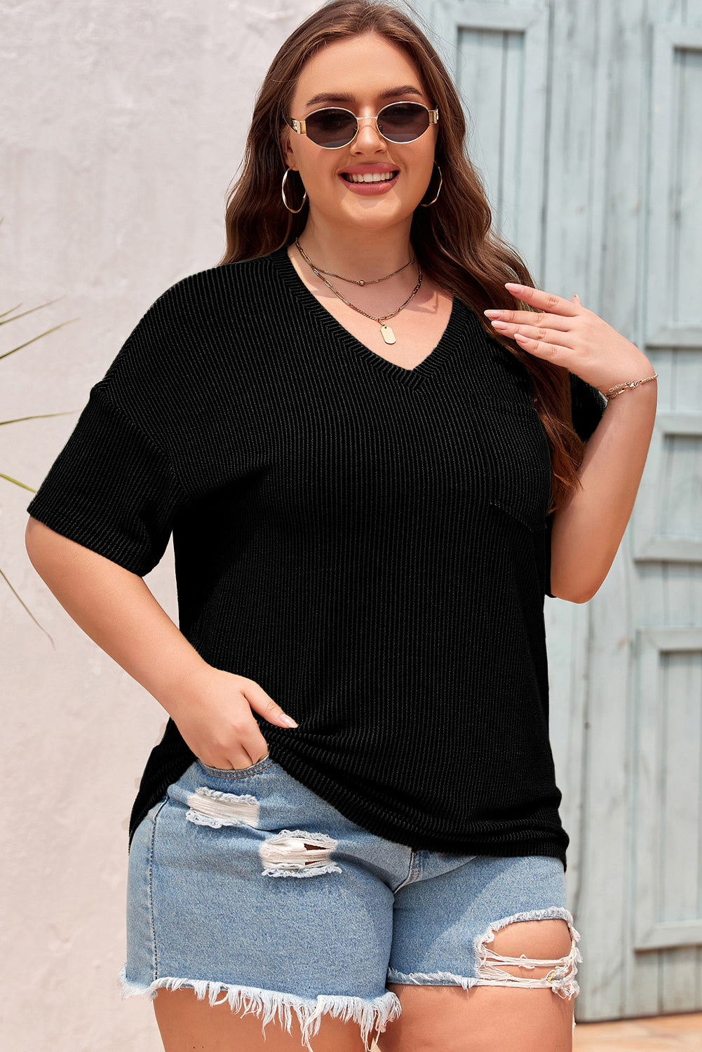 Black Textured V-Neck Dropped Shoulder Plus T-Shirt