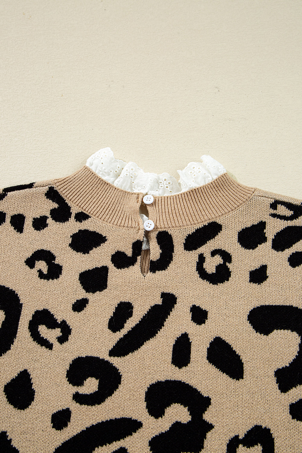 Brown Leopard Pattern Lace Ribbed Detail Button Cuffed Sweater
