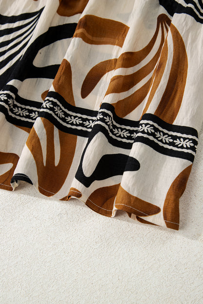 White Plus Size Abstract Print Contrast Collar Split Neck Shift Long Dress