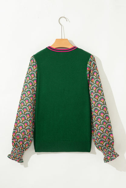 Blackish Green Floral Patchwork Shirred Cuff Puff Sleeve Sweater