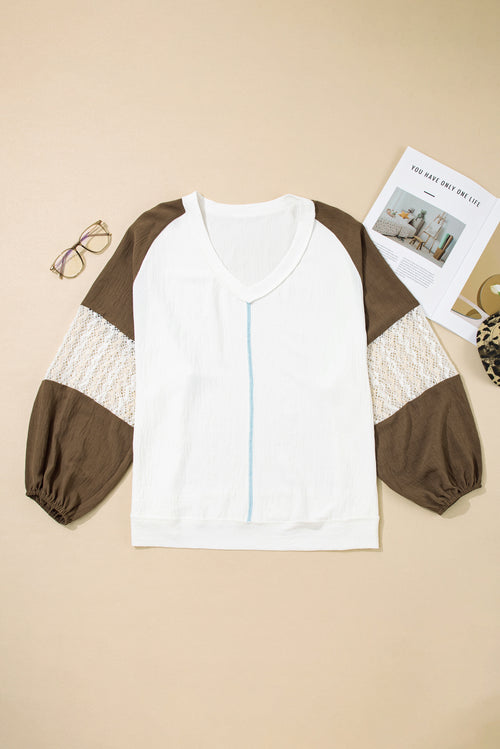 Green Colorblock Lace Patchwork Balloon Sleeve V Neck Plus Size Blouse