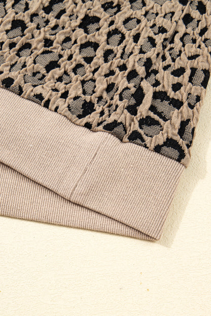Khaki Leopard Textured Ribbed Trim Plus Size Long Sleeve Top