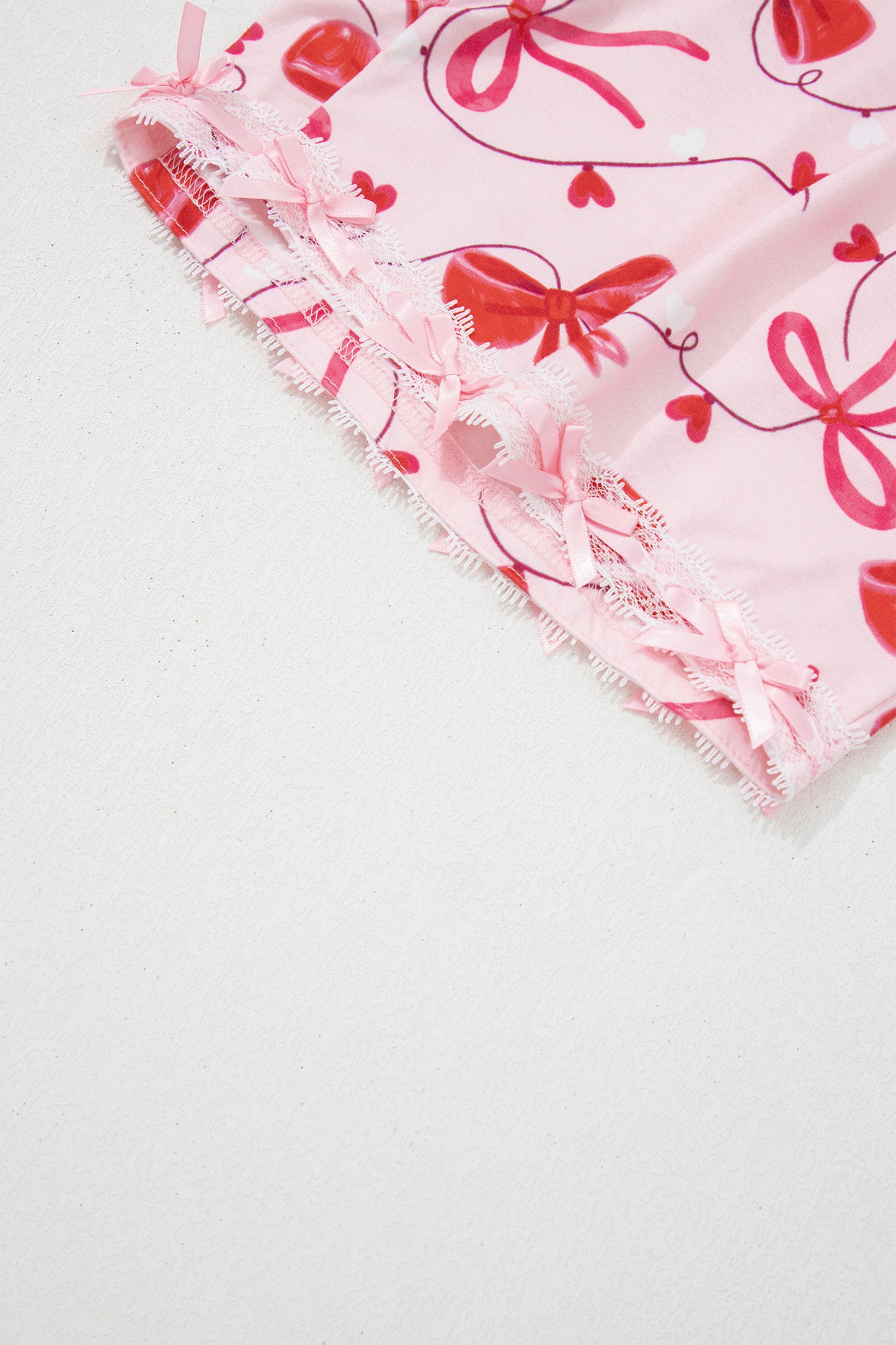 Red Romantic Bow Print Loose Tee Drawstring Shorts 2pcs Lounge Set