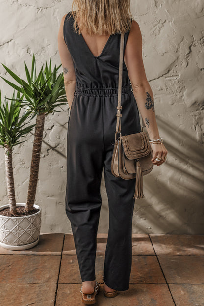 Black Wrap V Neck Sleeveless High Waist Jumpsuit