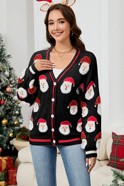 Black Christmas Santa Claus Pattern Button V Neck Sweater Cardigan