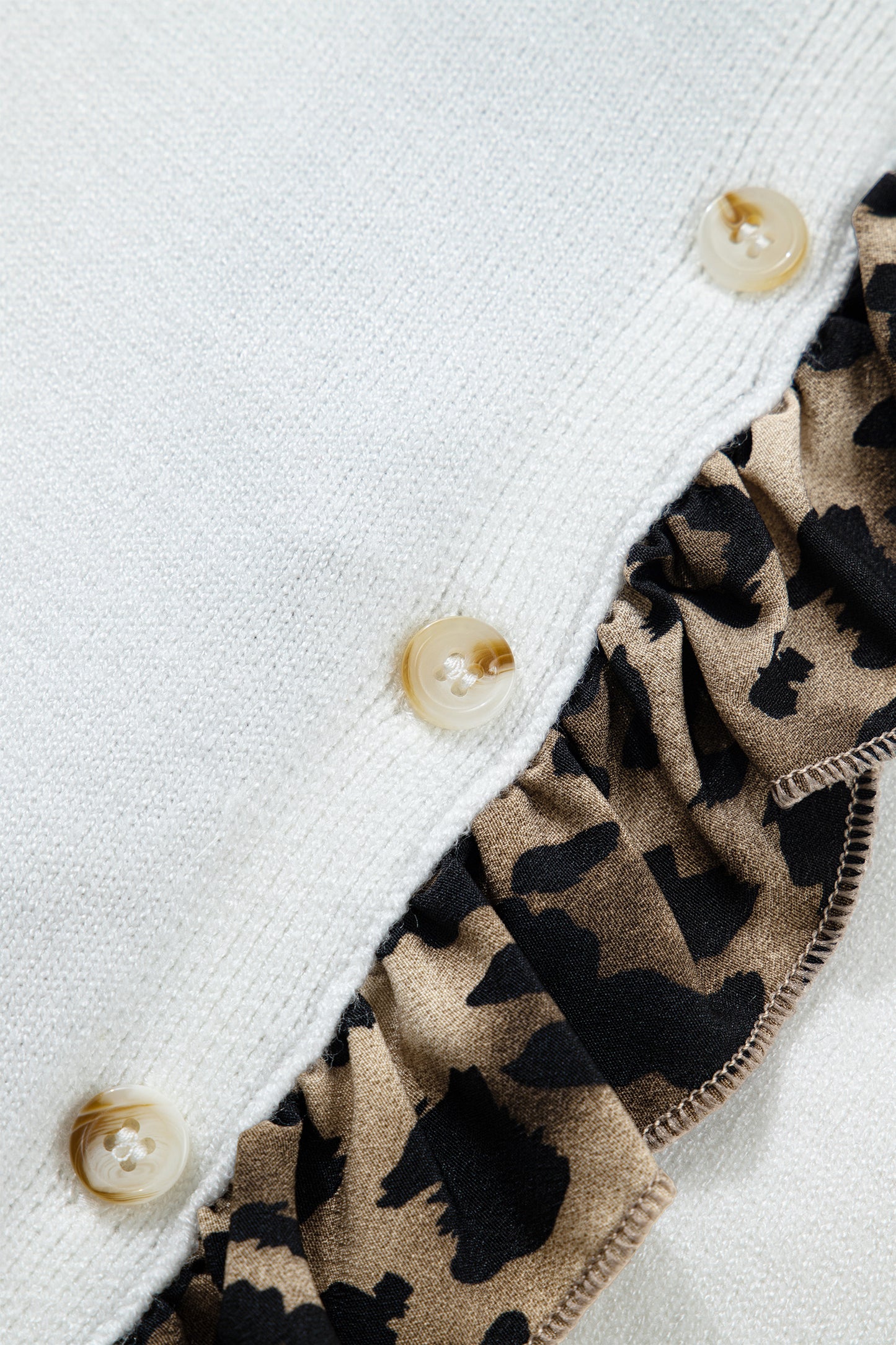 White Knitted Leopard Ruffle Patchwork Button Down Cropped Cardigan