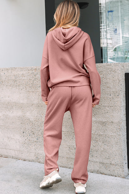 Rose Tan Lace Drawstring Pullover Hoodie and High Waist Pants Corduroy Suit