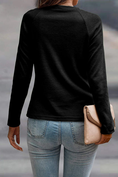 Navy Blue Solid Color Seam Detail Raglan Long Sleeve Top
