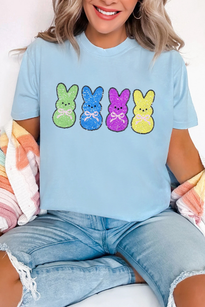 Light Blue Sequin Bunny Doll Graphic Casual T Shirt