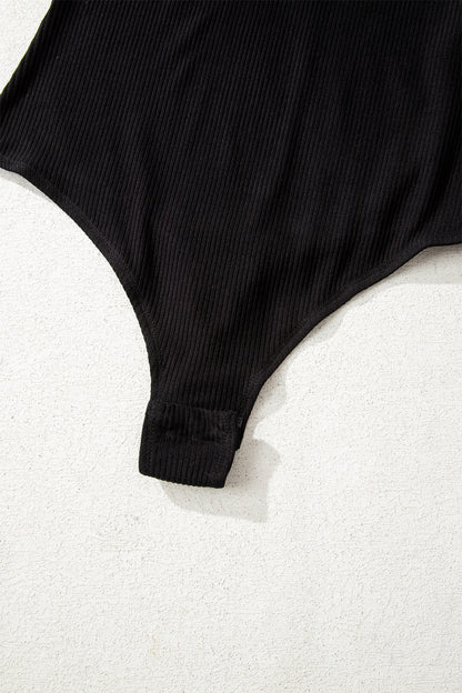 Black Ribbed Long Sleeve Crew Neck Solid Color Bodysuit