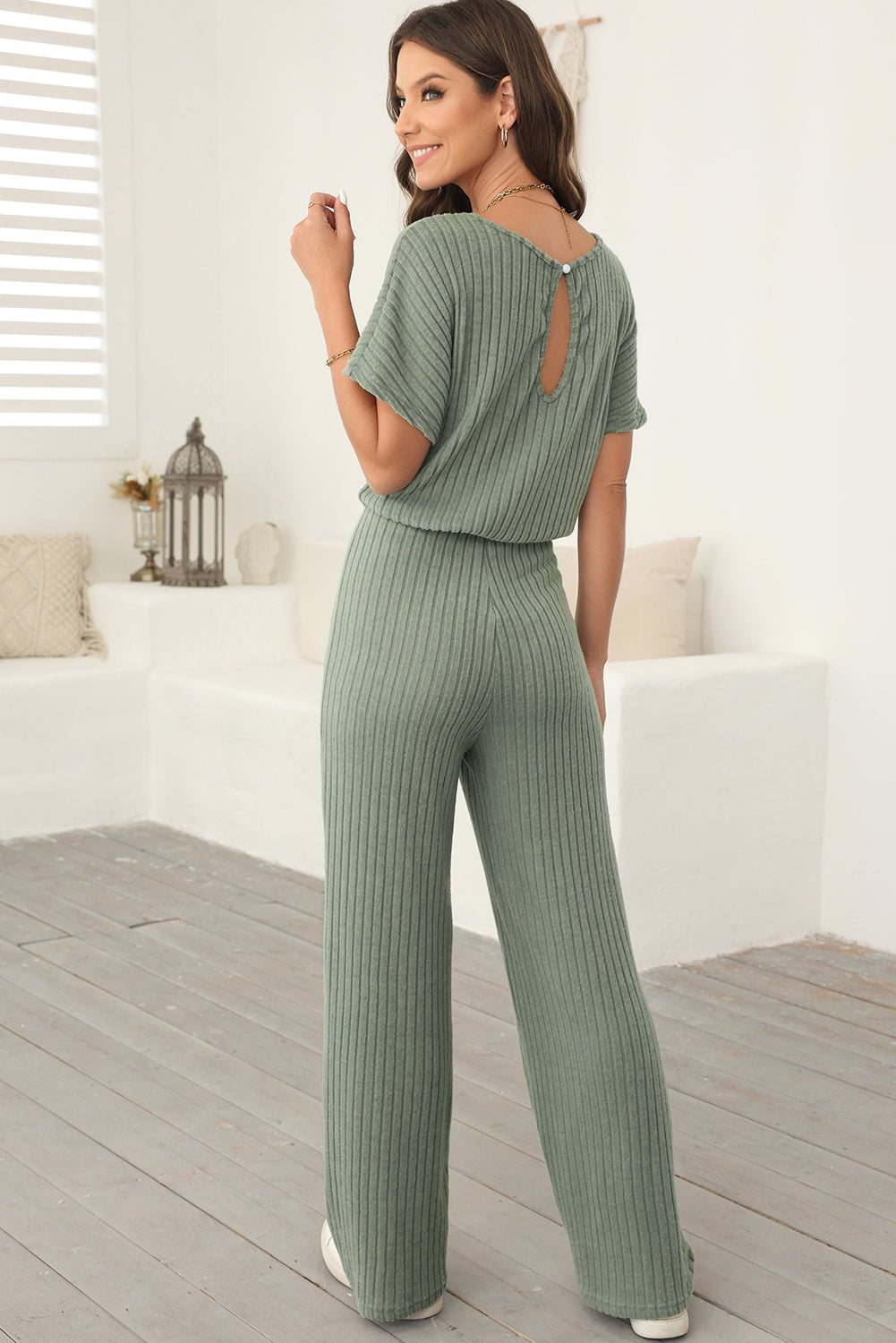Black Ribbed Keyhole Short Sleeve Wide Leg Jumpsuit
