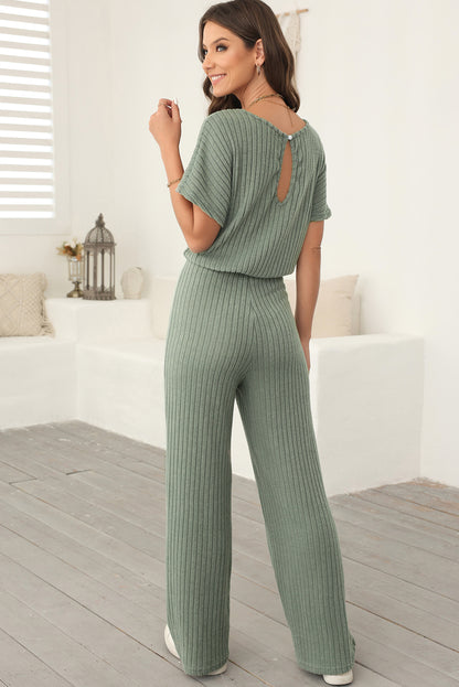 Black Ribbed Keyhole Short Sleeve Wide Leg Jumpsuit