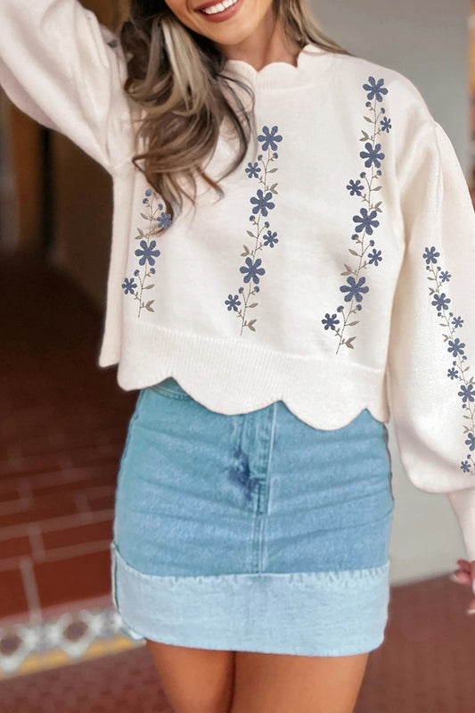 White Floral Embroidered Scallop Hem Cropped Sweater