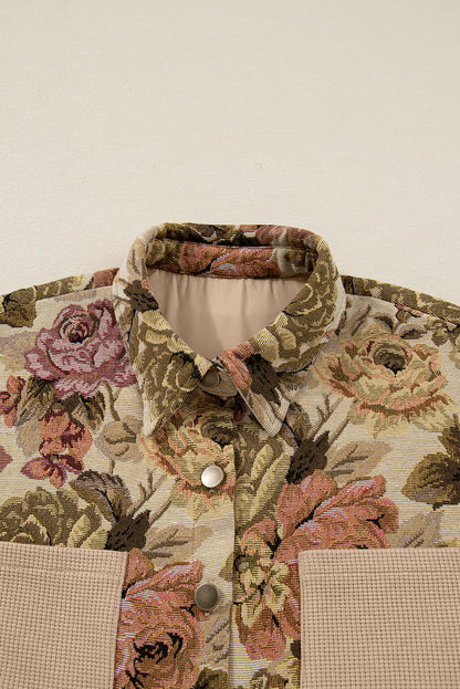 Khaki Floral Waffle Knit Patchwork Chest Pockets Buttoned Jacket