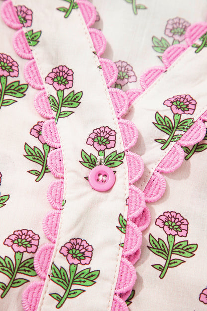 Pink Floral Print V Neck Scallop Trim Button Front Short Sleeve Long Dress