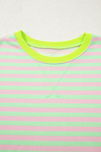 Green Stripe Contrast Ribbed Trim Crossed Stitch Drop Shoulder Sweatshirt