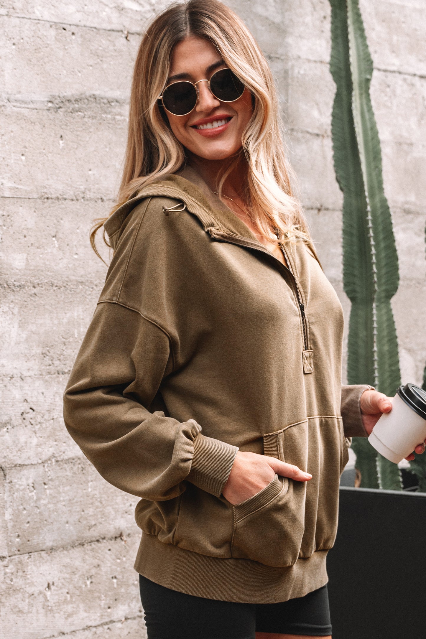 Ashleigh Blue Half Zip Kangaroo Pocket Mineral Wash Baggy Hoodie