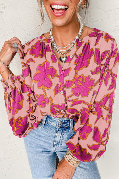 Rose Floral Print Batwing Sleeve Buttoned Loose Fit Shirt