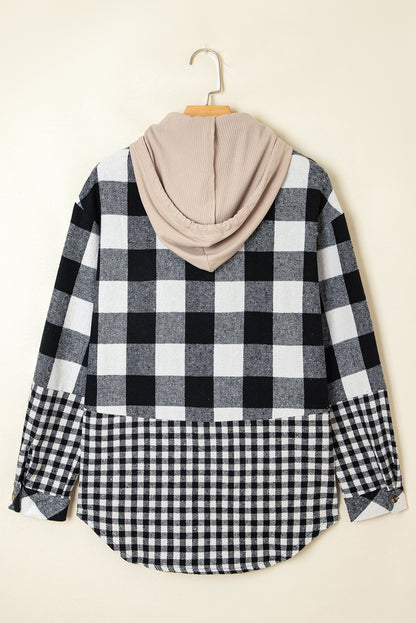 Black Double Plaid Patchwork Drawstring Hooded Shacket