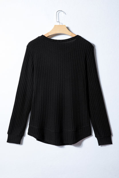 Jet Stream Ribbed Texture Round Neck Long Sleeve Rounded Hem Knit Top