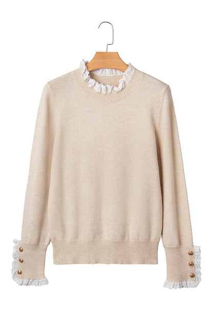 Jet Stream Lace Trim Patchwork Buttoned Cuffs Loose Sweater