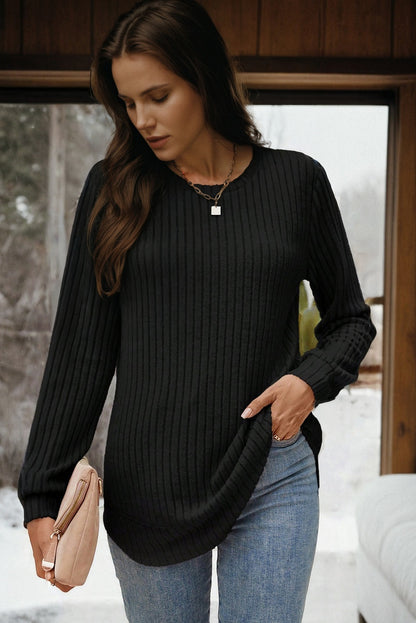 Jet Stream Ribbed Texture Round Neck Long Sleeve Rounded Hem Knit Top