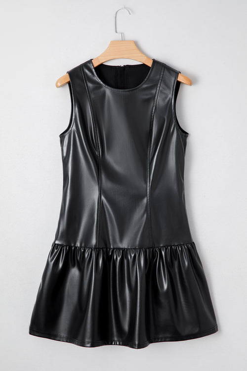 Black Faux Leather Ruffle Hem Sleeveless Mini Dress