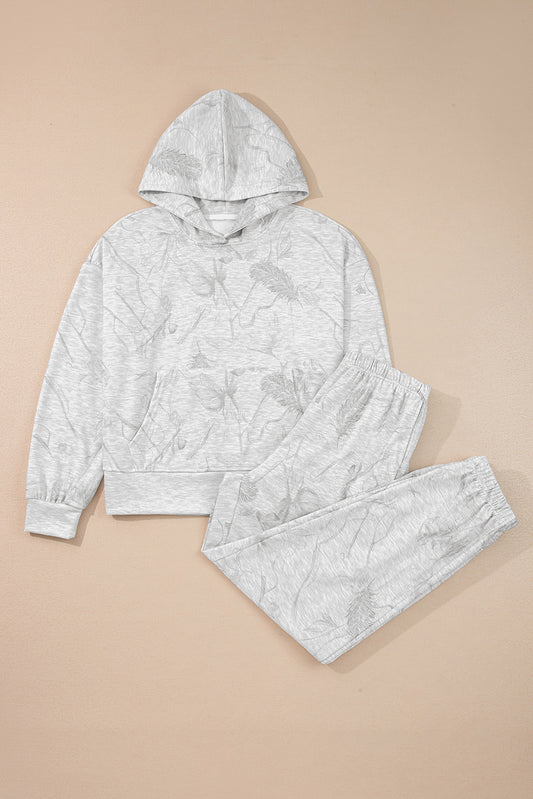 Light Grey Abstract Print Loose Drop Sleeve Hoodie Elastic Waistband 2pcs Pant Set