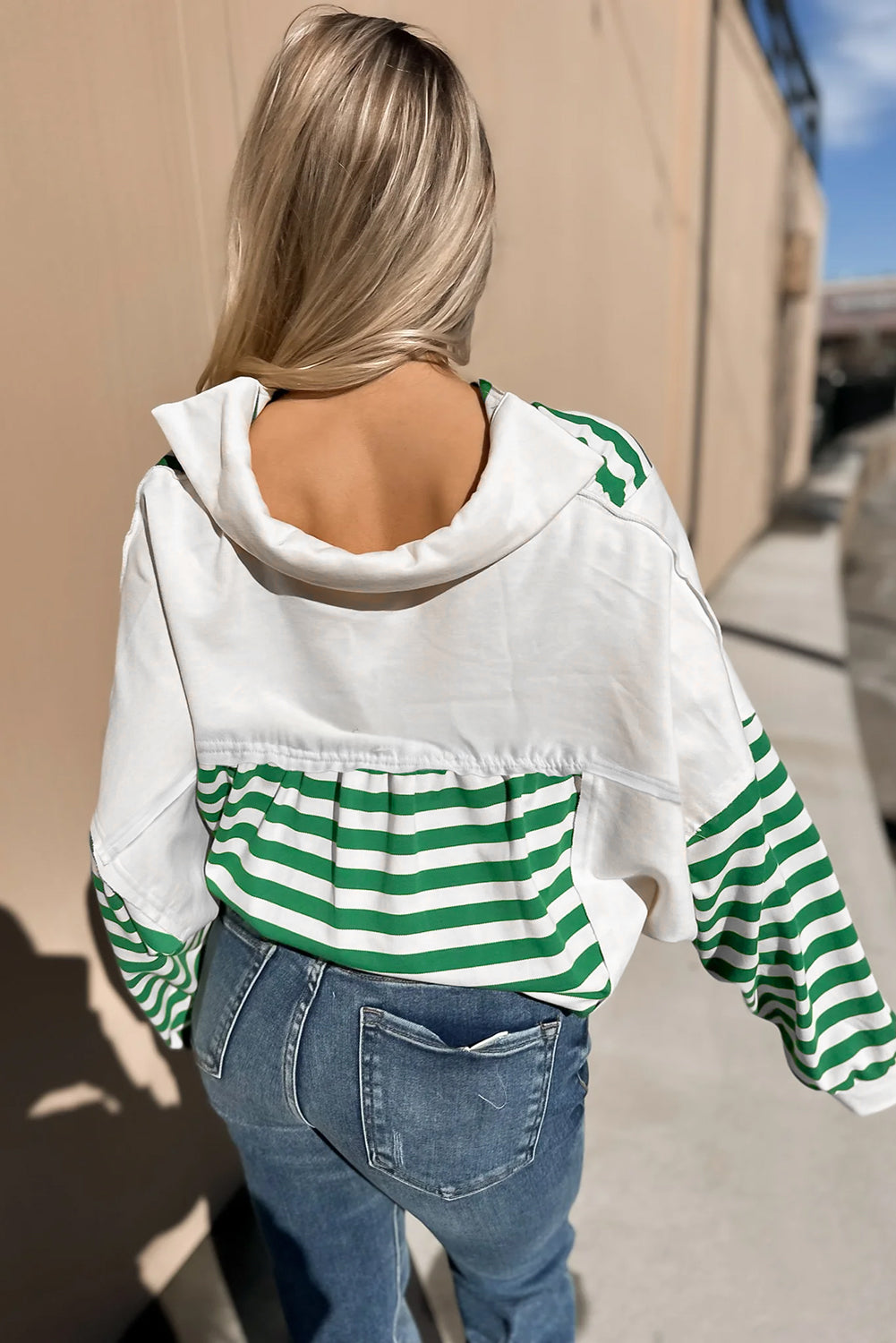 Green Stripe Colorblock Collared V Neck Cropped Knit Pullover