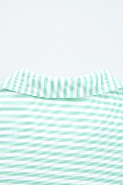 Green Stripe Quarter Zip Collar Pullover Long Sleeve Top