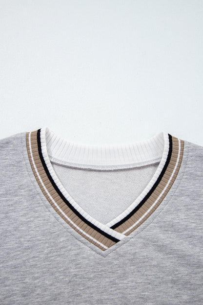 Parchment Varsity Contrast Striped Trim V Neck Sweatshirt